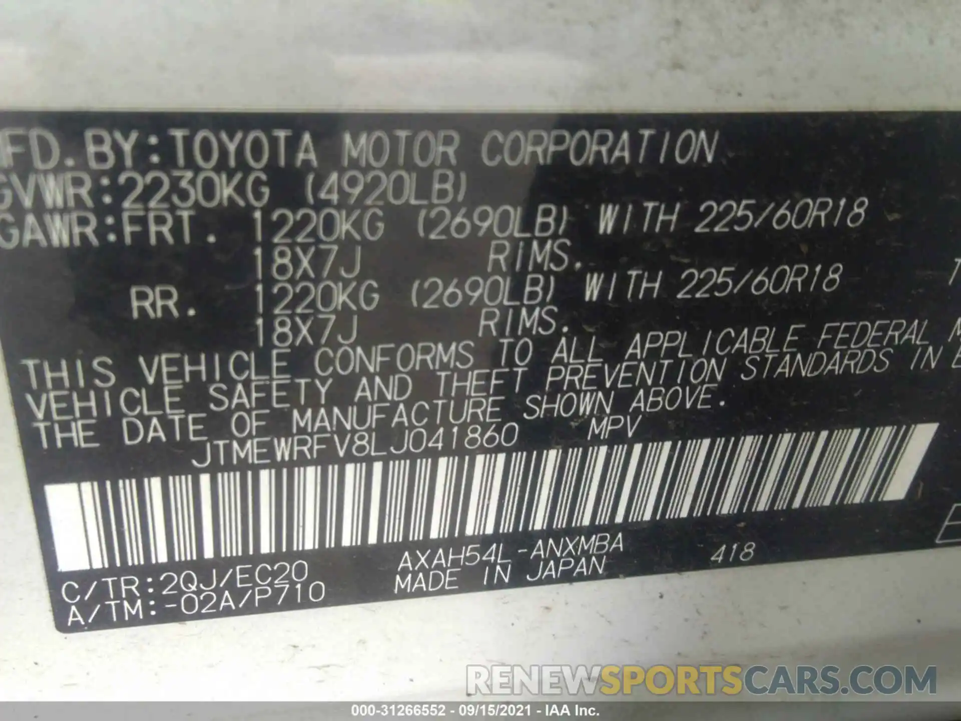 9 Фотография поврежденного автомобиля JTMEWRFV8LJ041860 TOYOTA RAV4 2020