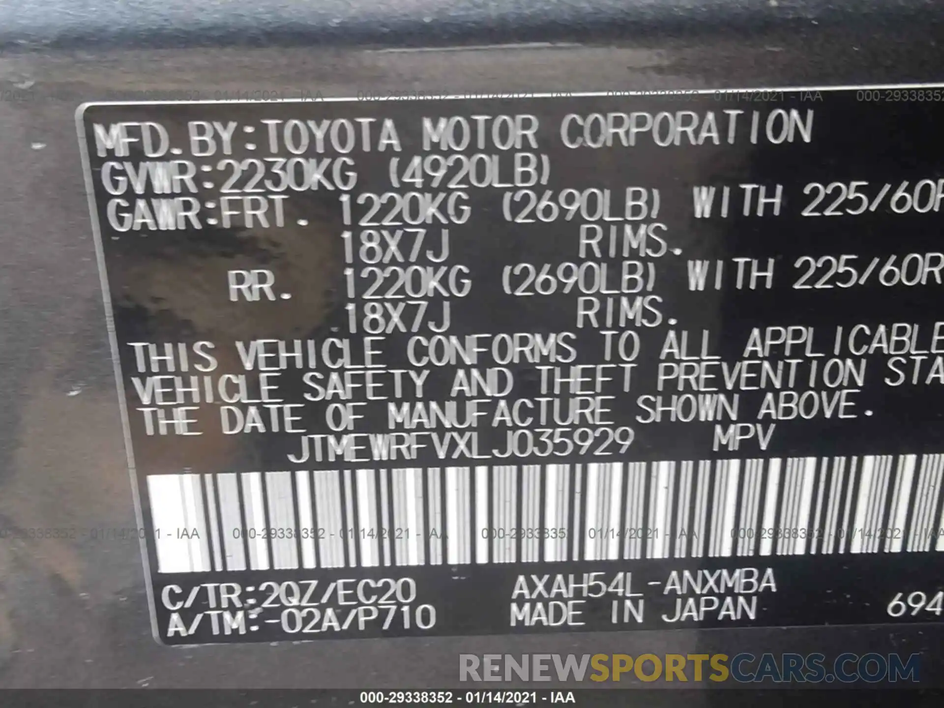 9 Фотография поврежденного автомобиля JTMEWRFVXLJ035929 TOYOTA RAV4 2020