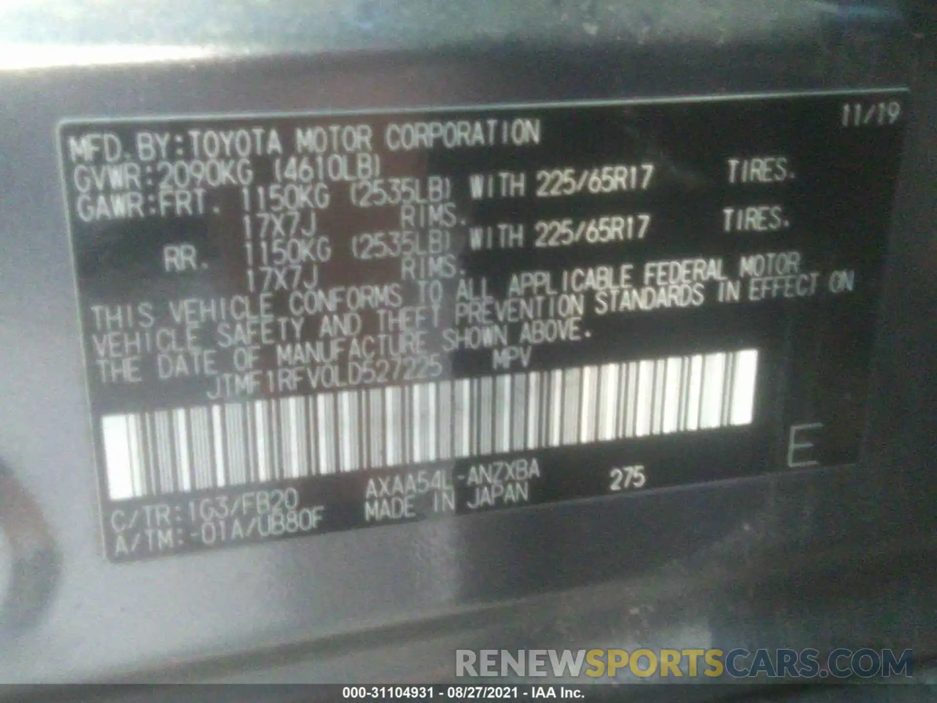 9 Фотография поврежденного автомобиля JTMF1RFV0LD527225 TOYOTA RAV4 2020