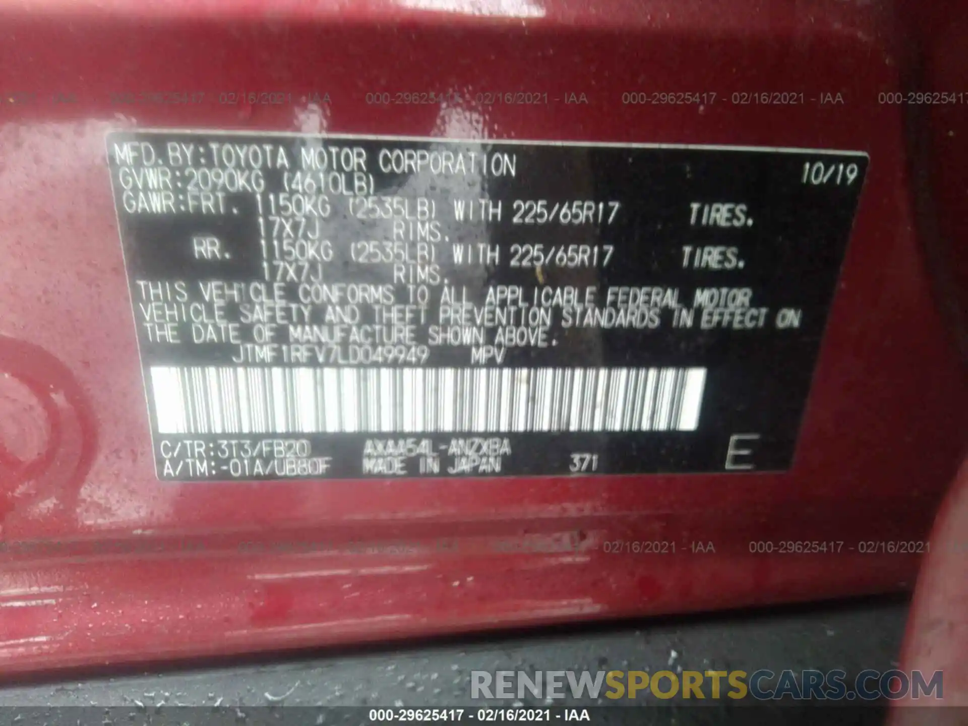 9 Фотография поврежденного автомобиля JTMF1RFV7LD049949 TOYOTA RAV4 2020