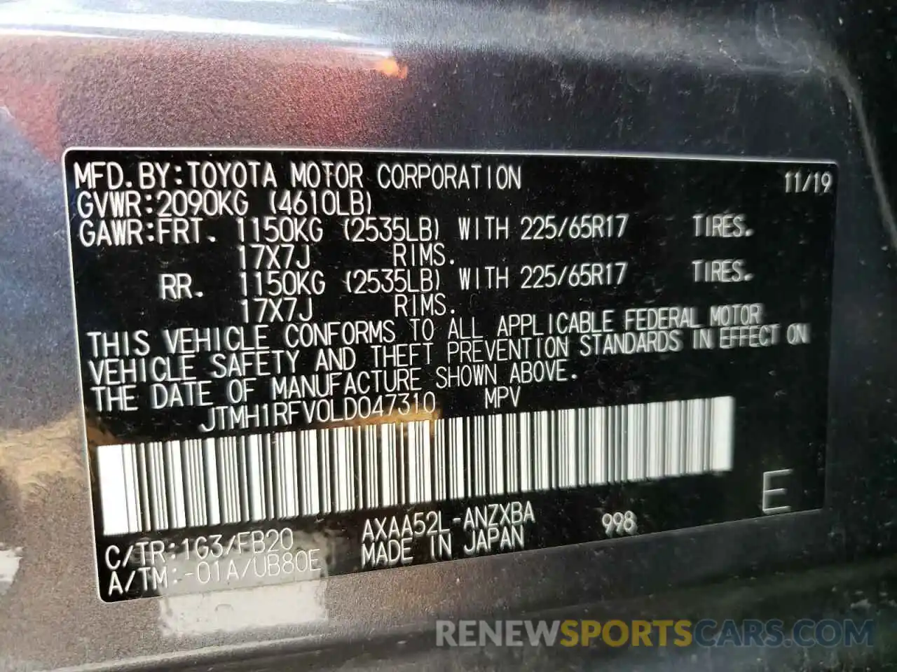 10 Фотография поврежденного автомобиля JTMH1RFV0LD047310 TOYOTA RAV4 2020