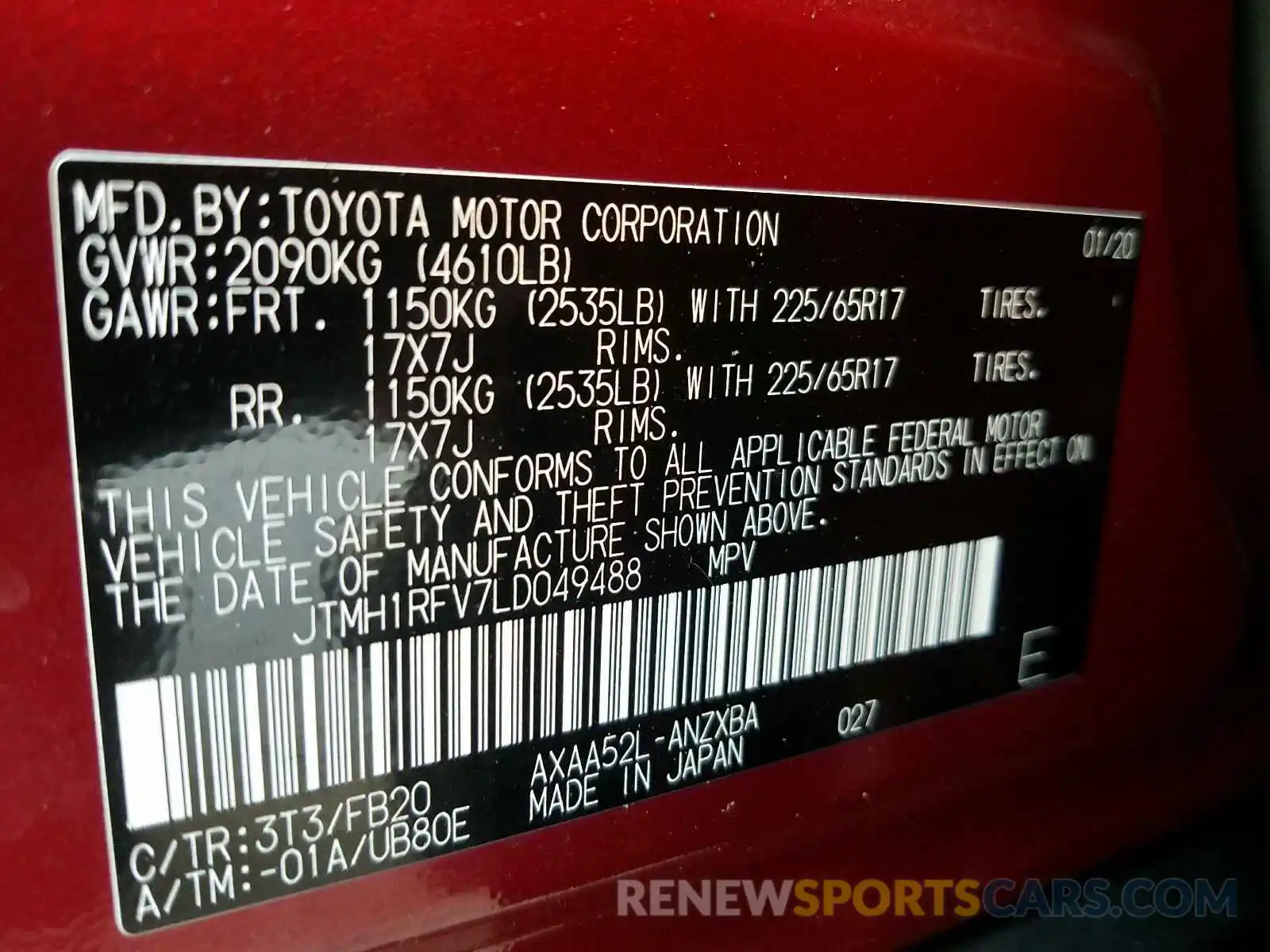 10 Фотография поврежденного автомобиля JTMH1RFV7LD049488 TOYOTA RAV4 2020