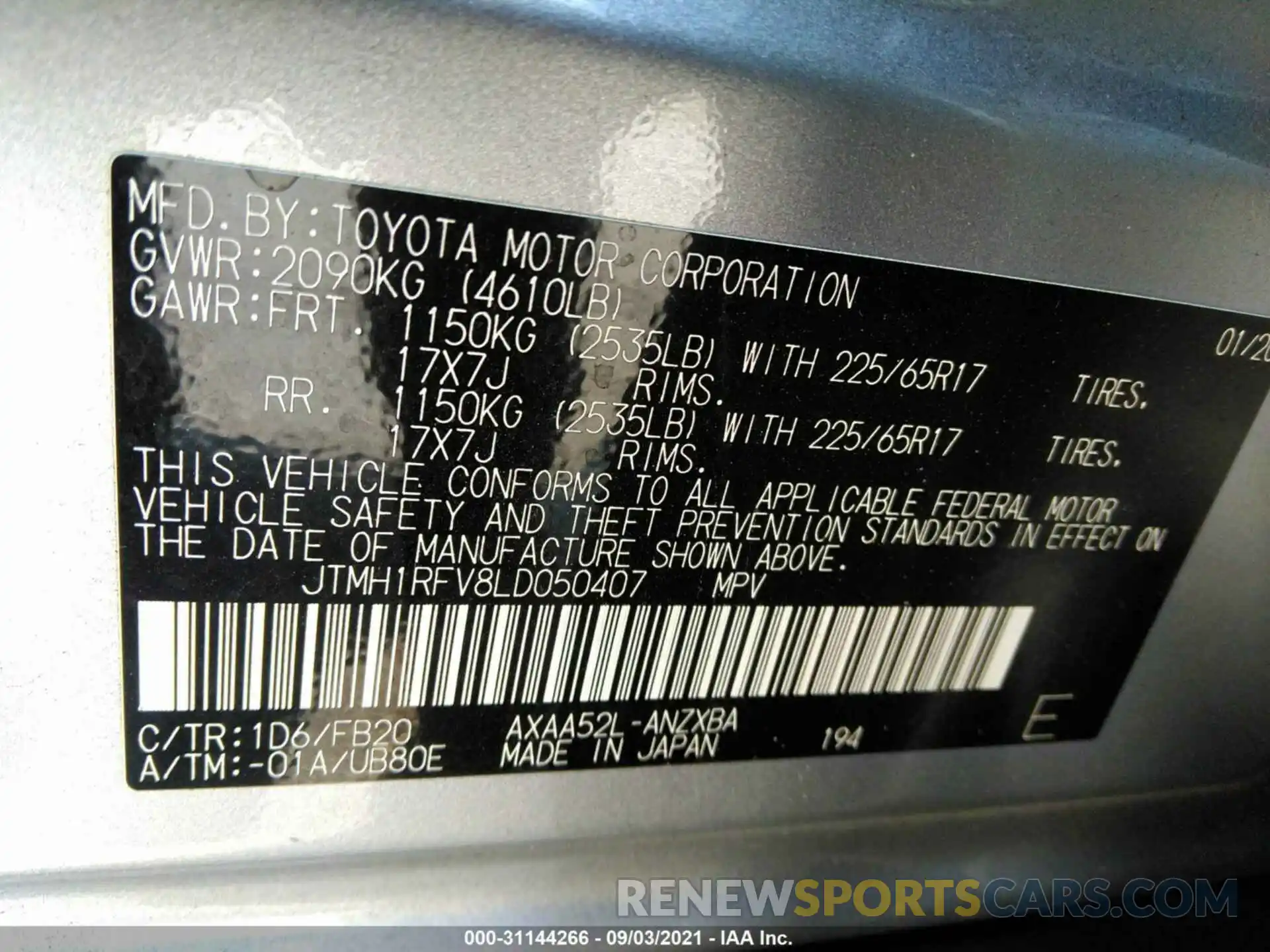 9 Фотография поврежденного автомобиля JTMH1RFV8LD050407 TOYOTA RAV4 2020