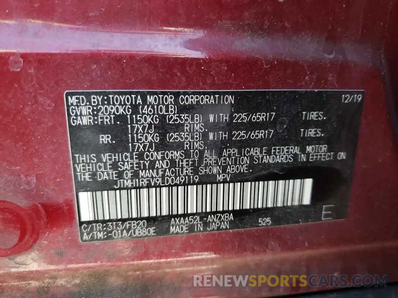 10 Фотография поврежденного автомобиля JTMH1RFV9LD049119 TOYOTA RAV4 2020