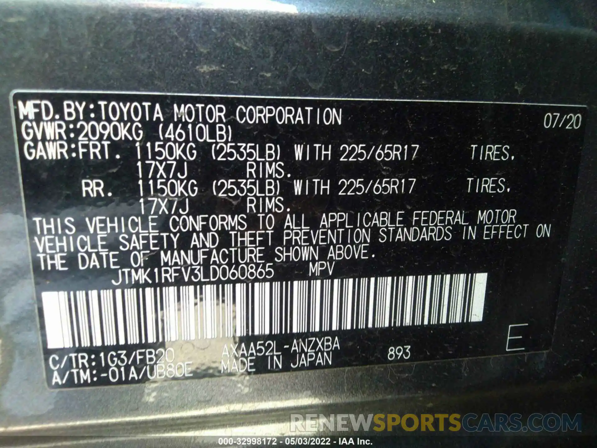 9 Фотография поврежденного автомобиля JTMK1RFV3LD060865 TOYOTA RAV4 2020