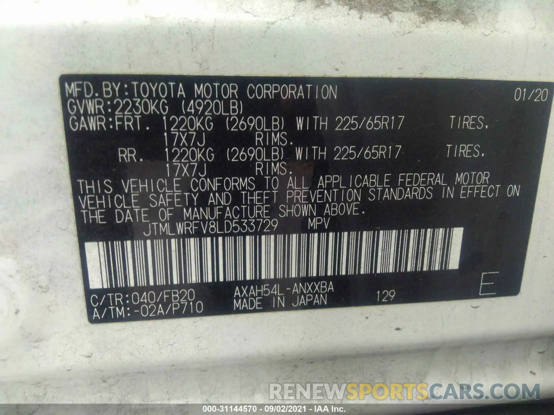 9 Фотография поврежденного автомобиля JTMLWRFV8LD533729 TOYOTA RAV4 2020