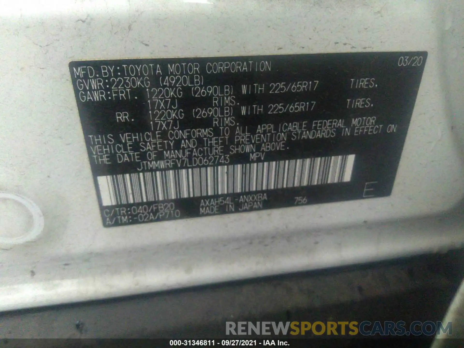 9 Фотография поврежденного автомобиля JTMMWRFV7LD062743 TOYOTA RAV4 2020