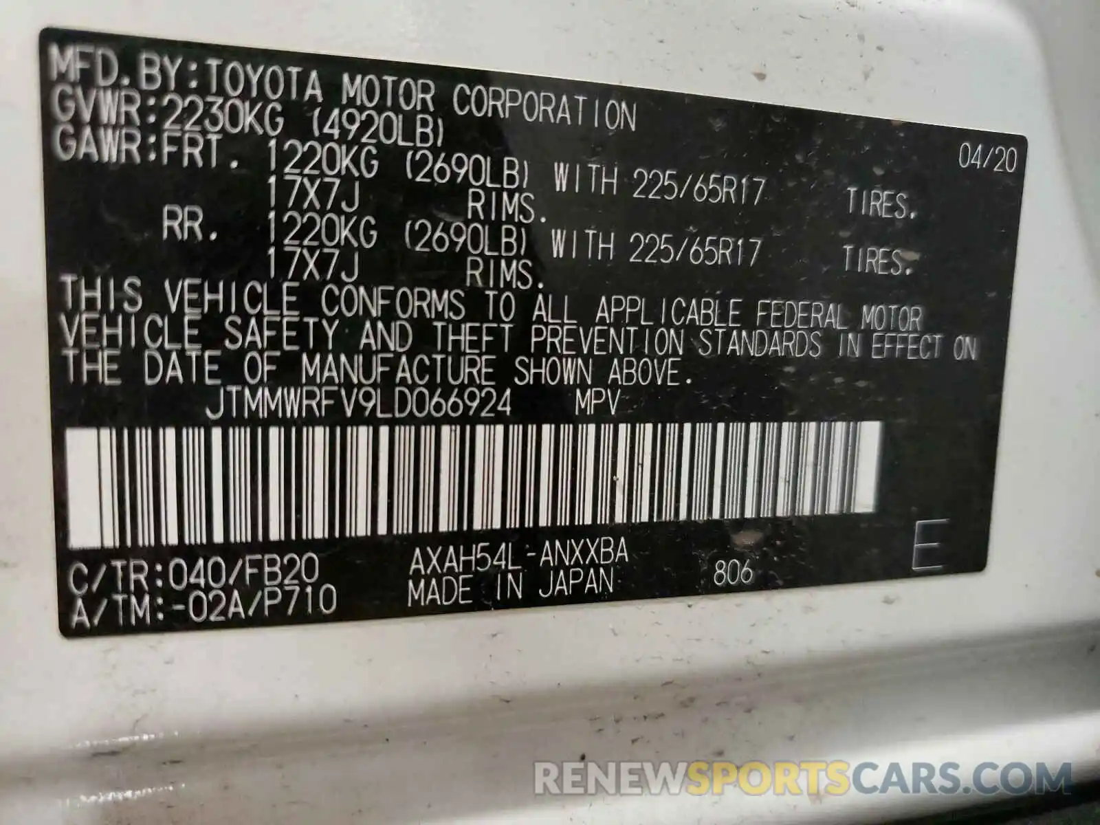 10 Фотография поврежденного автомобиля JTMMWRFV9LD066924 TOYOTA RAV4 2020