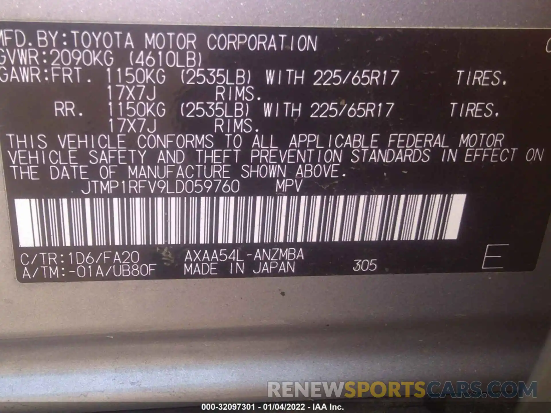 9 Фотография поврежденного автомобиля JTMP1RFV9LD059760 TOYOTA RAV4 2020