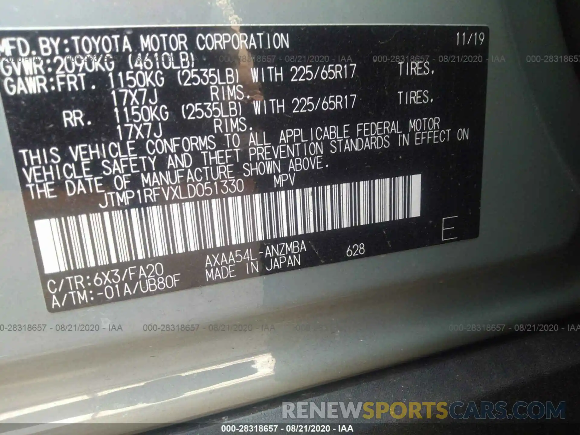 9 Фотография поврежденного автомобиля JTMP1RFVXLD051330 TOYOTA RAV4 2020