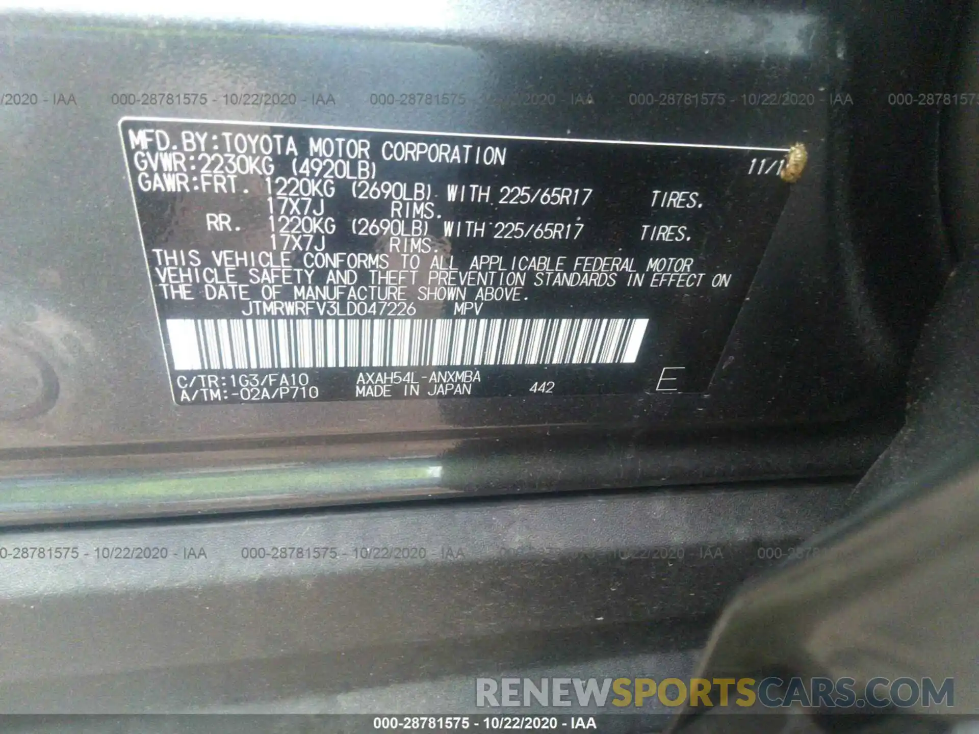 9 Фотография поврежденного автомобиля JTMRWRFV3LD047226 TOYOTA RAV4 2020