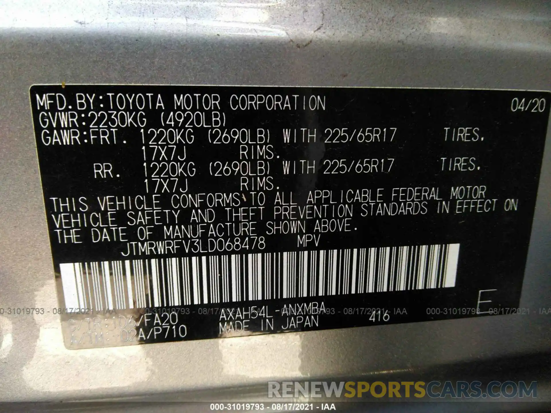 9 Фотография поврежденного автомобиля JTMRWRFV3LD068478 TOYOTA RAV4 2020