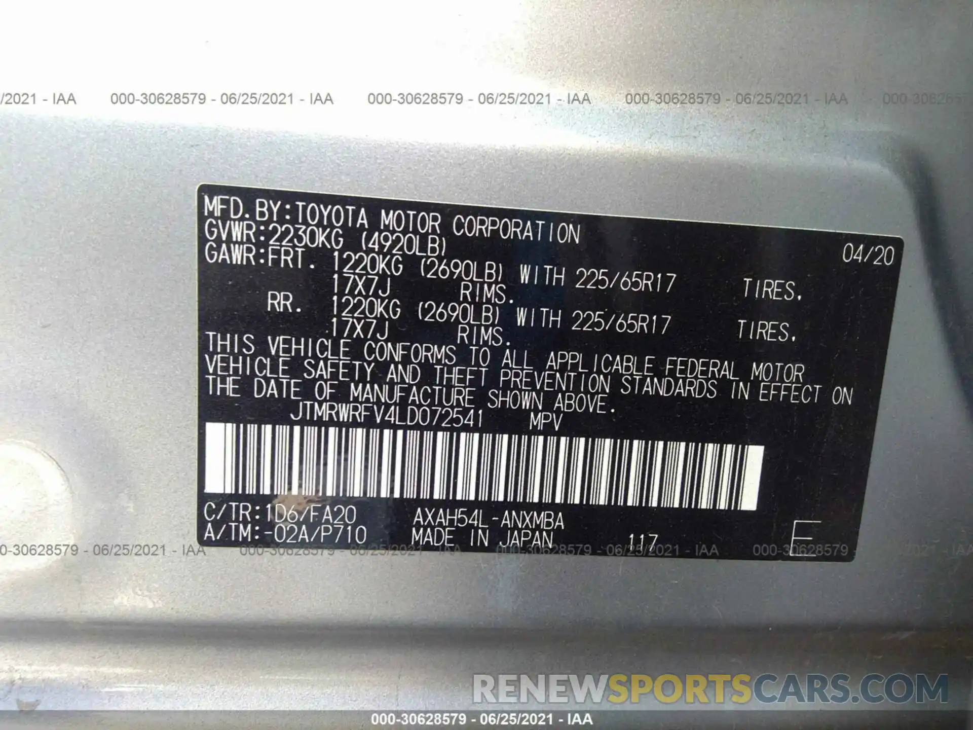 9 Фотография поврежденного автомобиля JTMRWRFV4LD072541 TOYOTA RAV4 2020