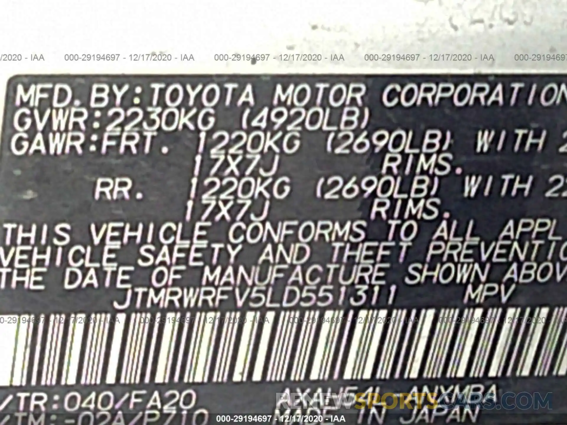 9 Photograph of a damaged car JTMRWRFV5LD551311 TOYOTA RAV4 2020