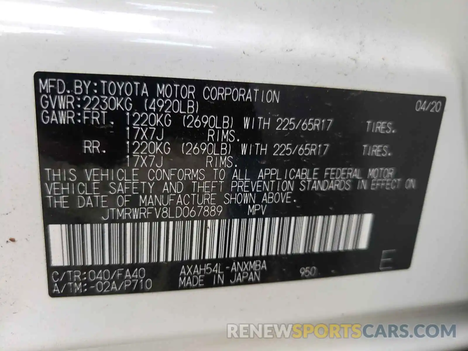 10 Фотография поврежденного автомобиля JTMRWRFV8LD067889 TOYOTA RAV4 2020