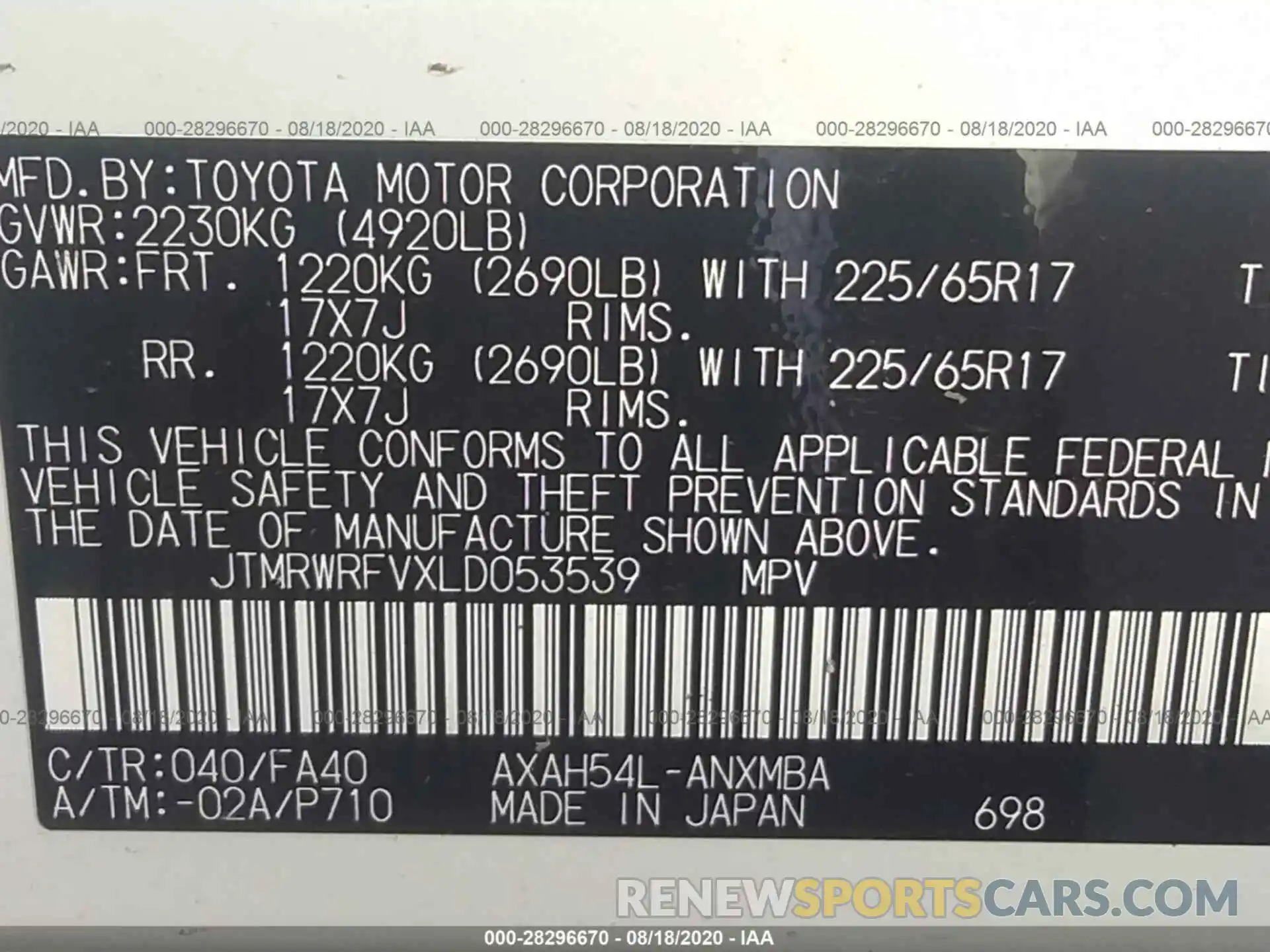 9 Фотография поврежденного автомобиля JTMRWRFVXLD053539 TOYOTA RAV4 2020