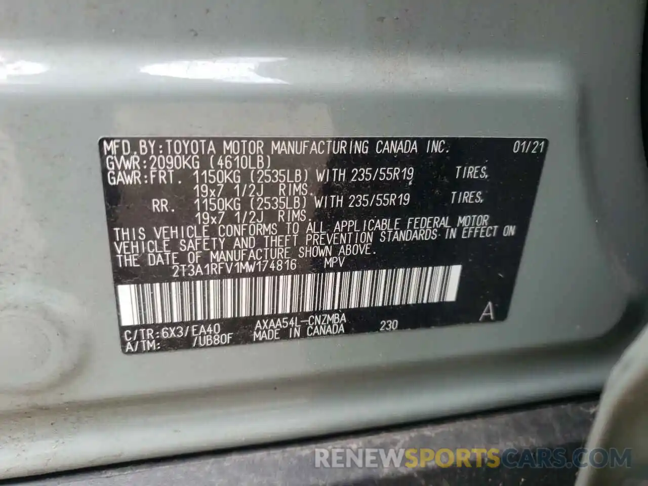 10 Фотография поврежденного автомобиля 2T3A1RFV1MW174816 TOYOTA RAV4 2021