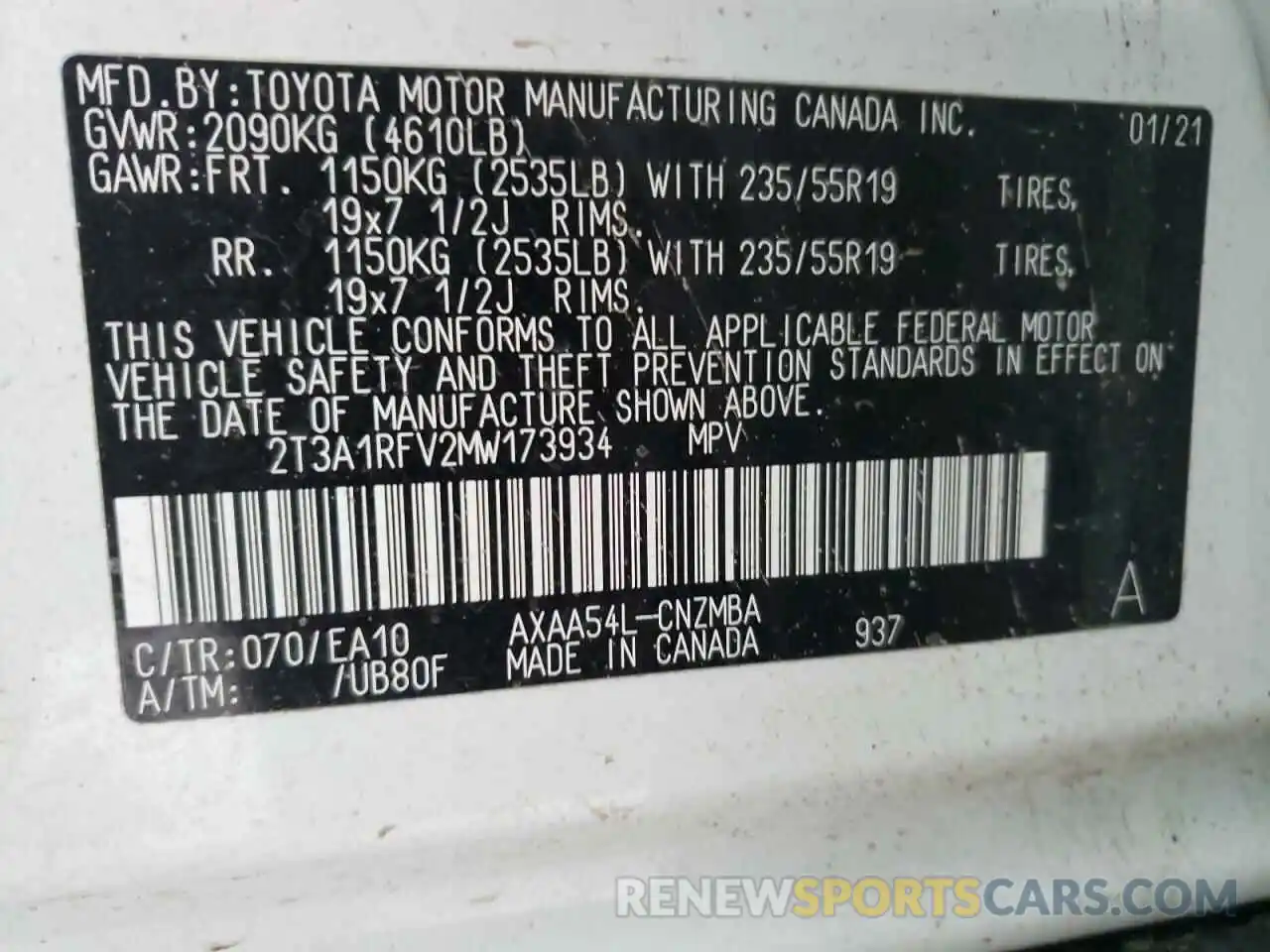 10 Фотография поврежденного автомобиля 2T3A1RFV2MW173934 TOYOTA RAV4 2021