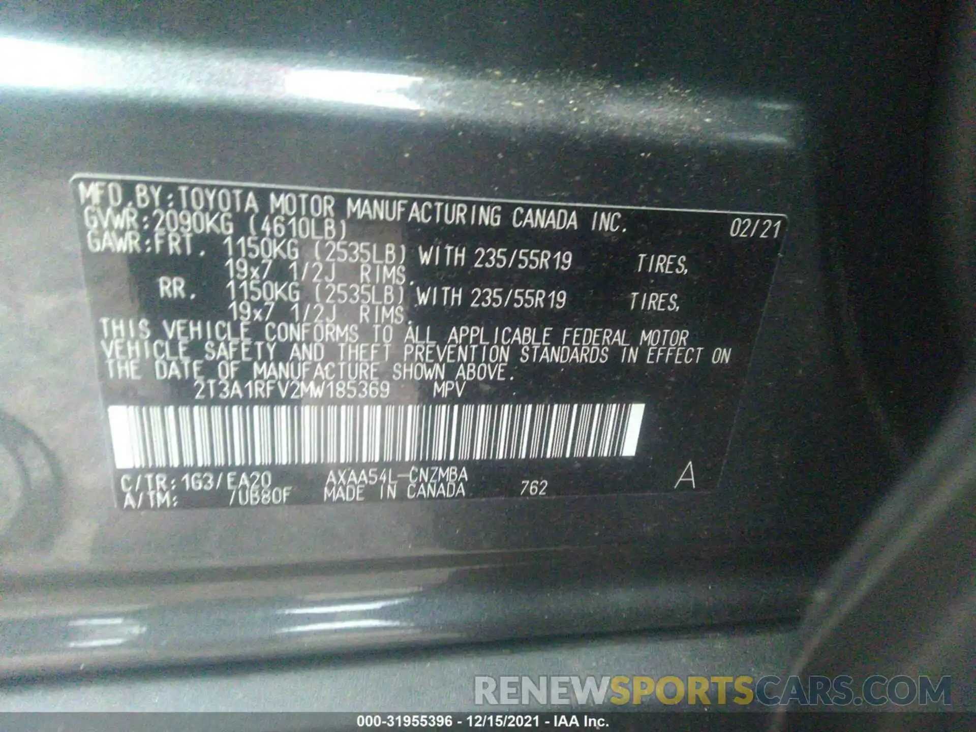 9 Фотография поврежденного автомобиля 2T3A1RFV2MW185369 TOYOTA RAV4 2021