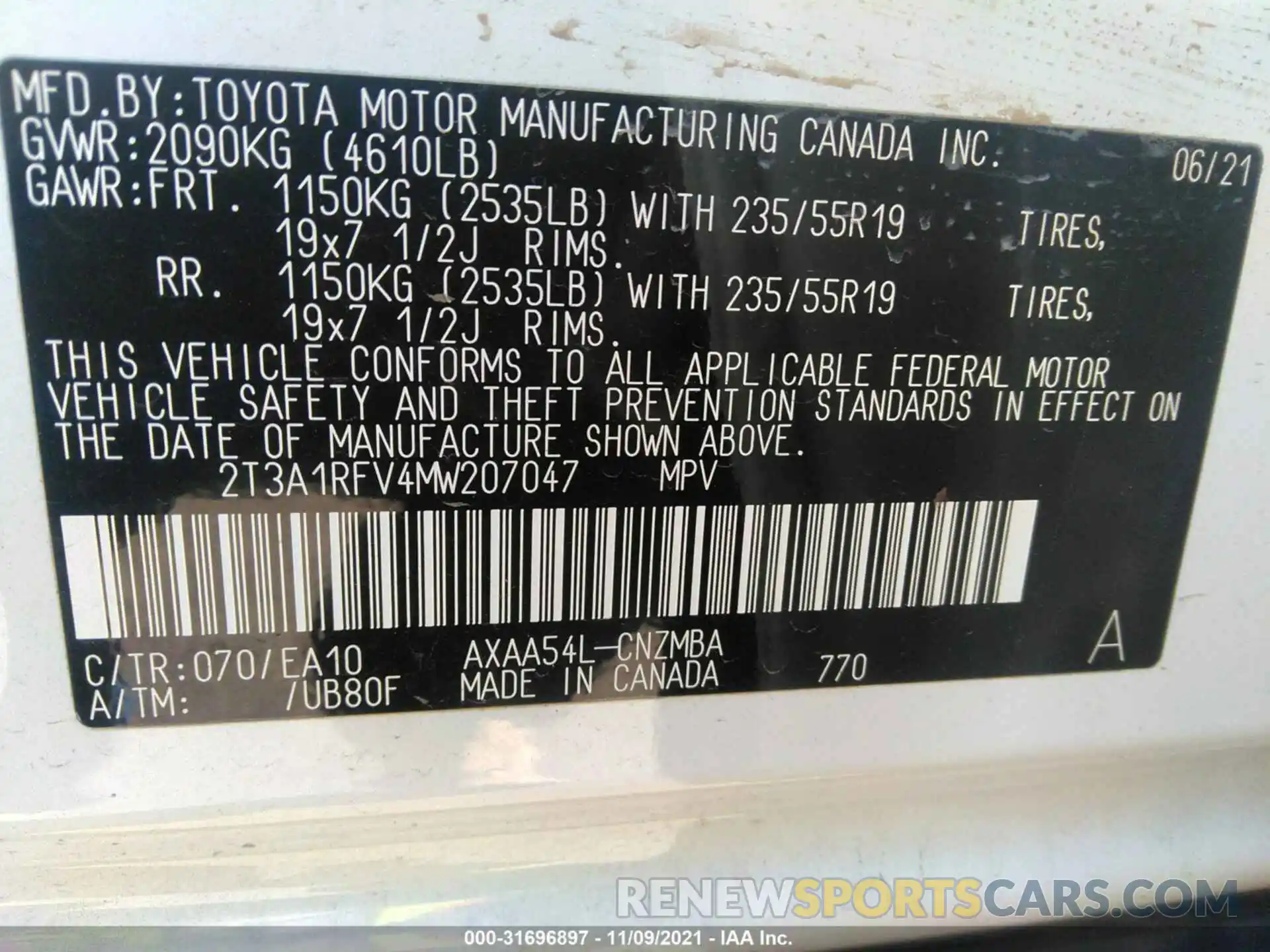 9 Фотография поврежденного автомобиля 2T3A1RFV4MW207047 TOYOTA RAV4 2021