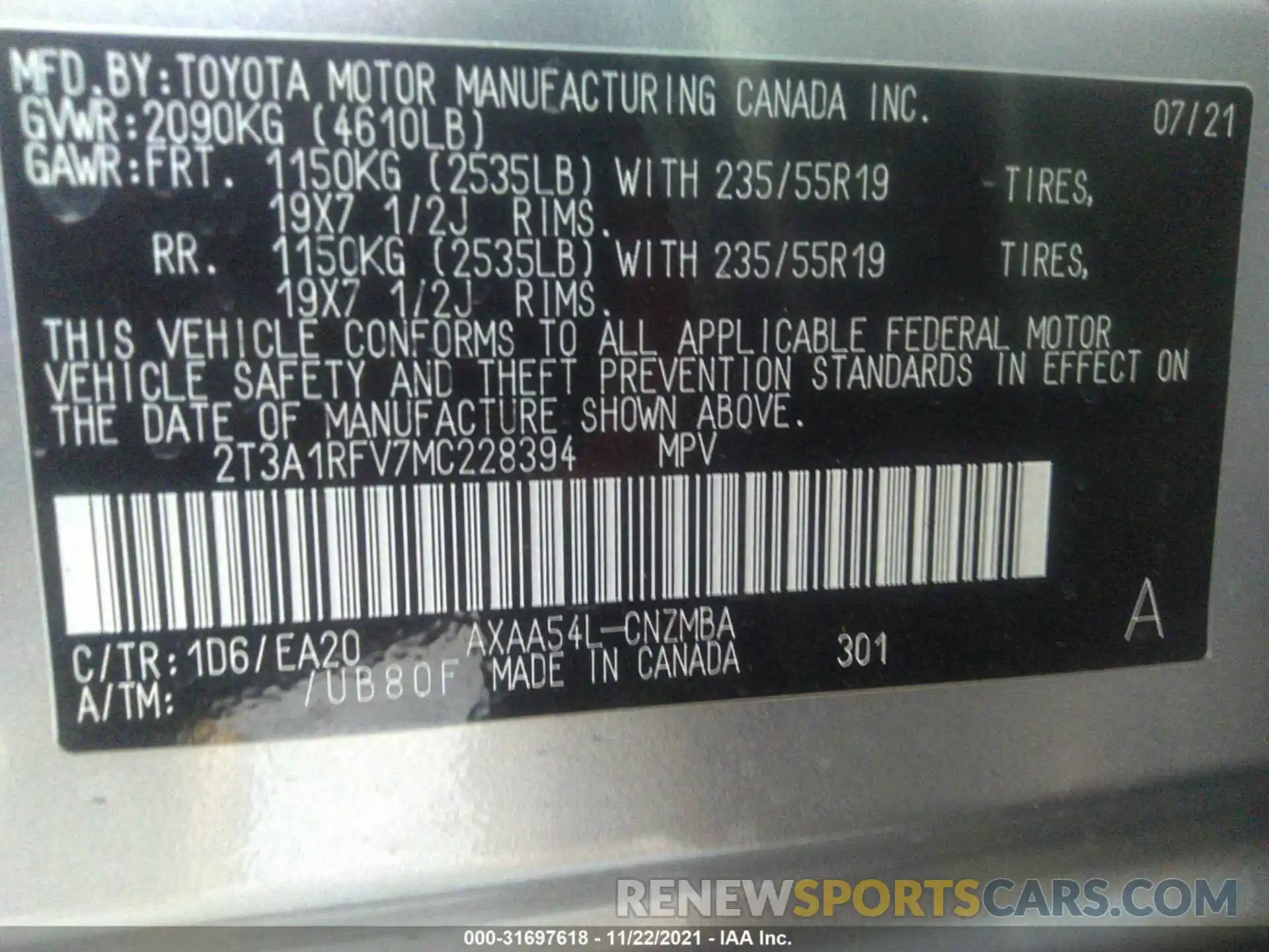 9 Фотография поврежденного автомобиля 2T3A1RFV7MC228394 TOYOTA RAV4 2021