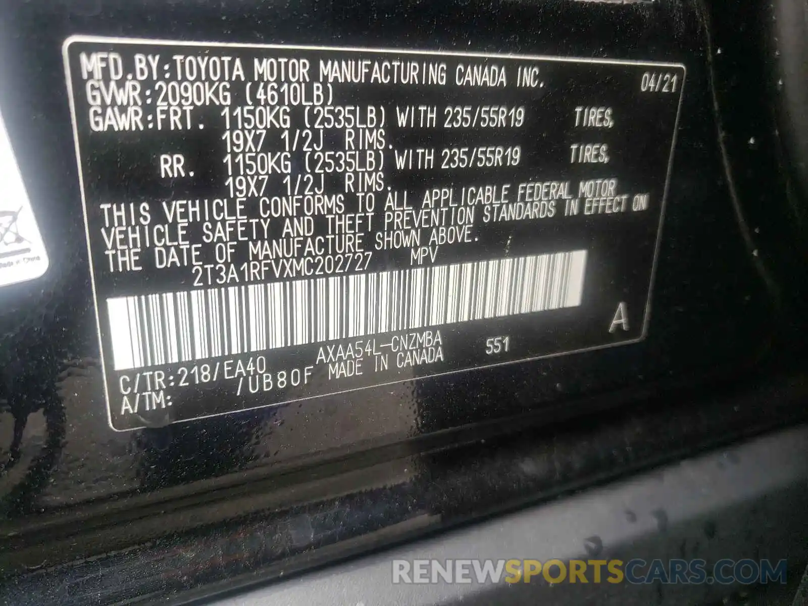 10 Фотография поврежденного автомобиля 2T3A1RFVXMC202727 TOYOTA RAV4 2021