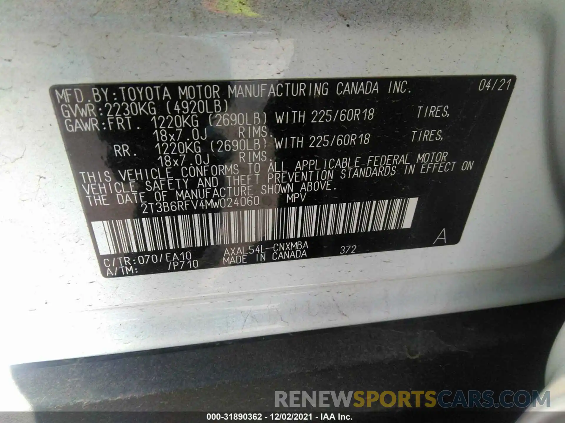 9 Фотография поврежденного автомобиля 2T3B6RFV4MW024060 TOYOTA RAV4 2021