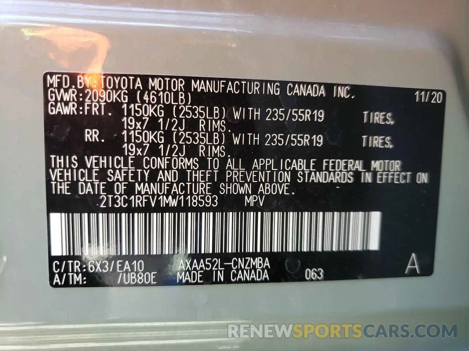 10 Фотография поврежденного автомобиля 2T3C1RFV1MW118593 TOYOTA RAV4 2021