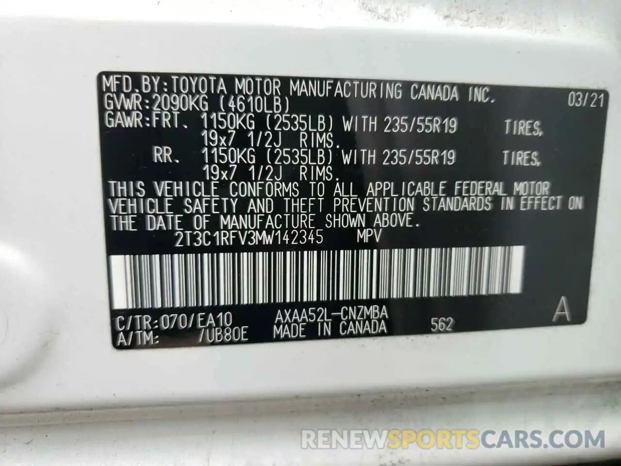 10 Фотография поврежденного автомобиля 2T3C1RFV3MW142345 TOYOTA RAV4 2021