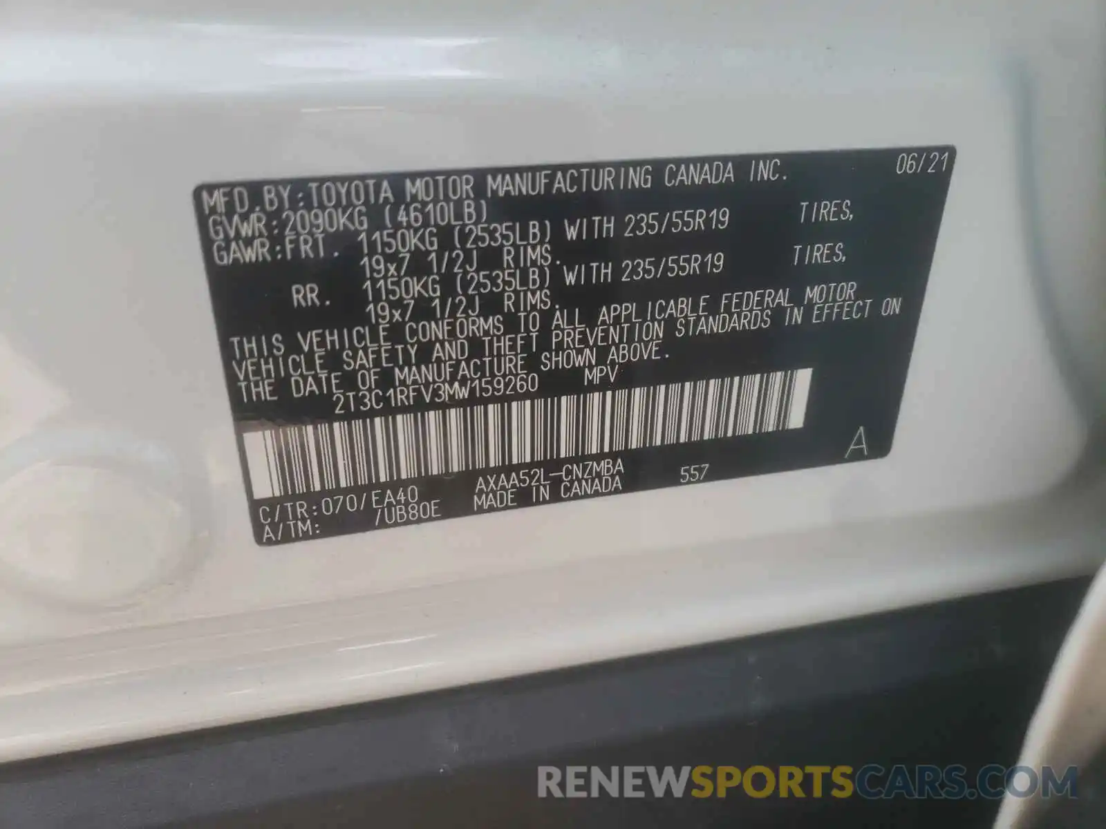 10 Фотография поврежденного автомобиля 2T3C1RFV3MW159260 TOYOTA RAV4 2021