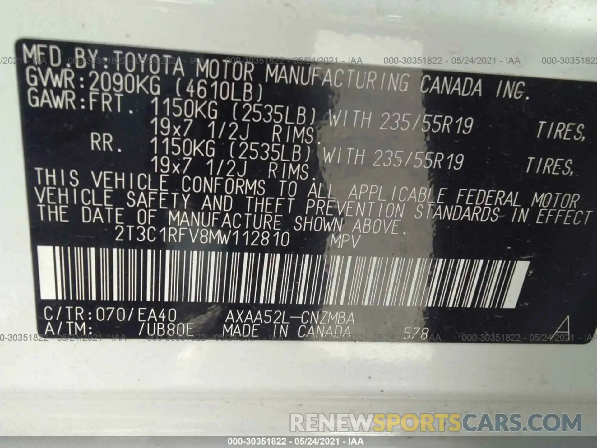 9 Фотография поврежденного автомобиля 2T3C1RFV8MW112810 TOYOTA RAV4 2021