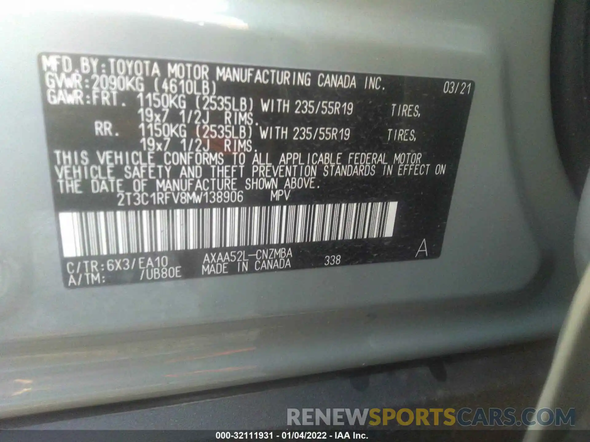 9 Фотография поврежденного автомобиля 2T3C1RFV8MW138906 TOYOTA RAV4 2021