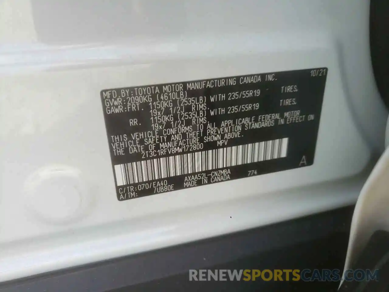 10 Фотография поврежденного автомобиля 2T3C1RFV8MW172800 TOYOTA RAV4 2021