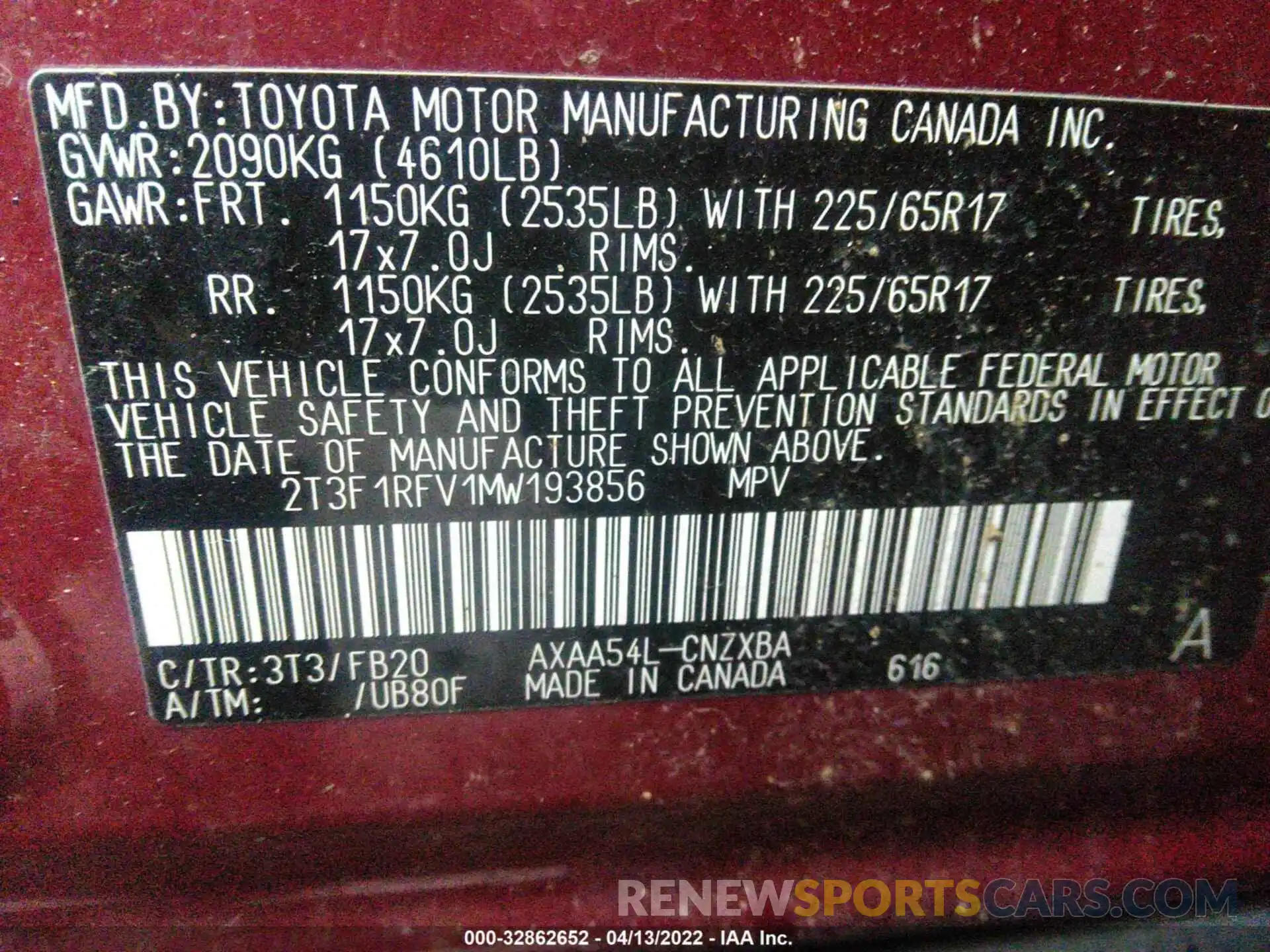 9 Photograph of a damaged car 2T3F1RFV1MW193856 TOYOTA RAV4 2021