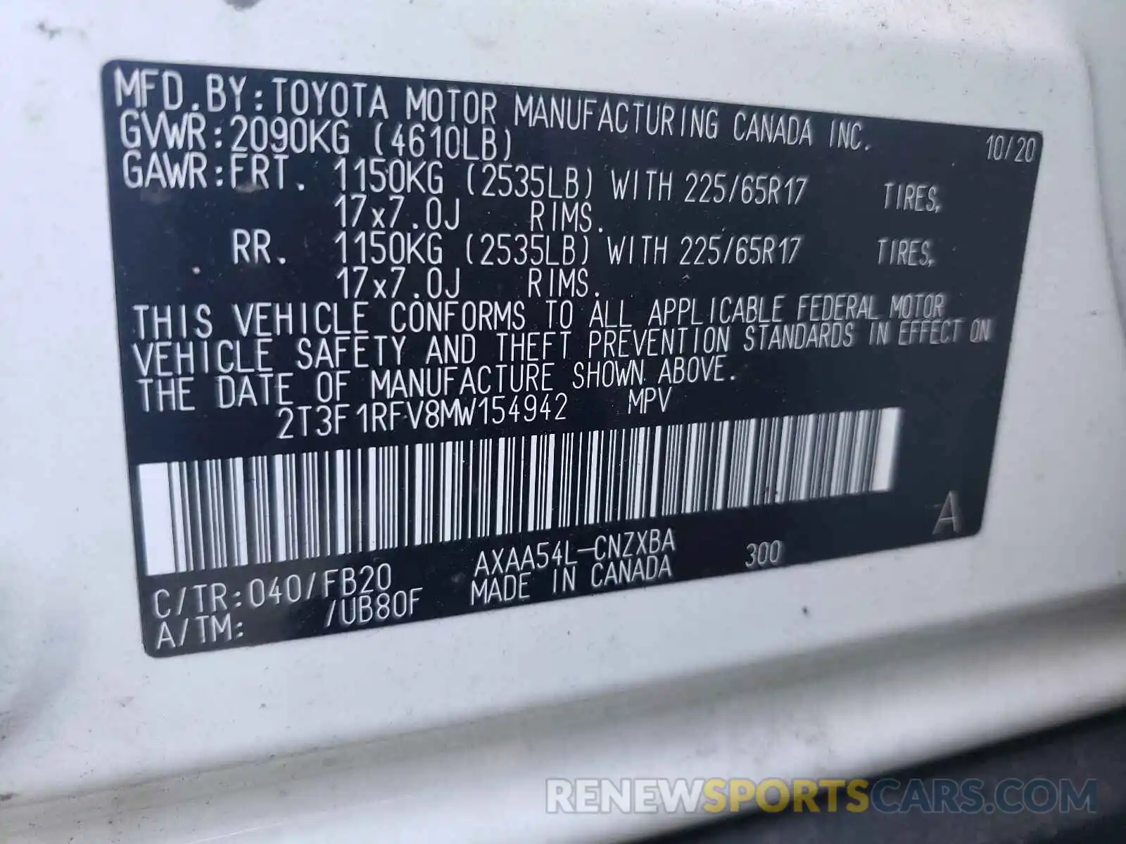 10 Фотография поврежденного автомобиля 2T3F1RFV8MW154942 TOYOTA RAV4 2021