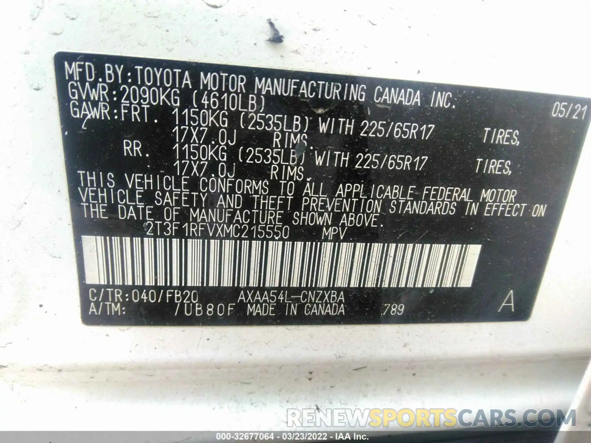 9 Фотография поврежденного автомобиля 2T3F1RFVXMC215550 TOYOTA RAV4 2021