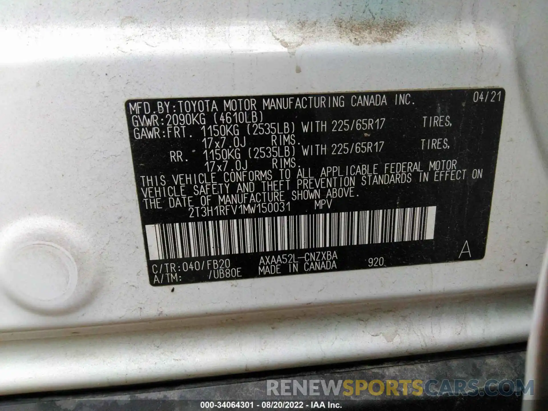 9 Фотография поврежденного автомобиля 2T3H1RFV1MW150031 TOYOTA RAV4 2021