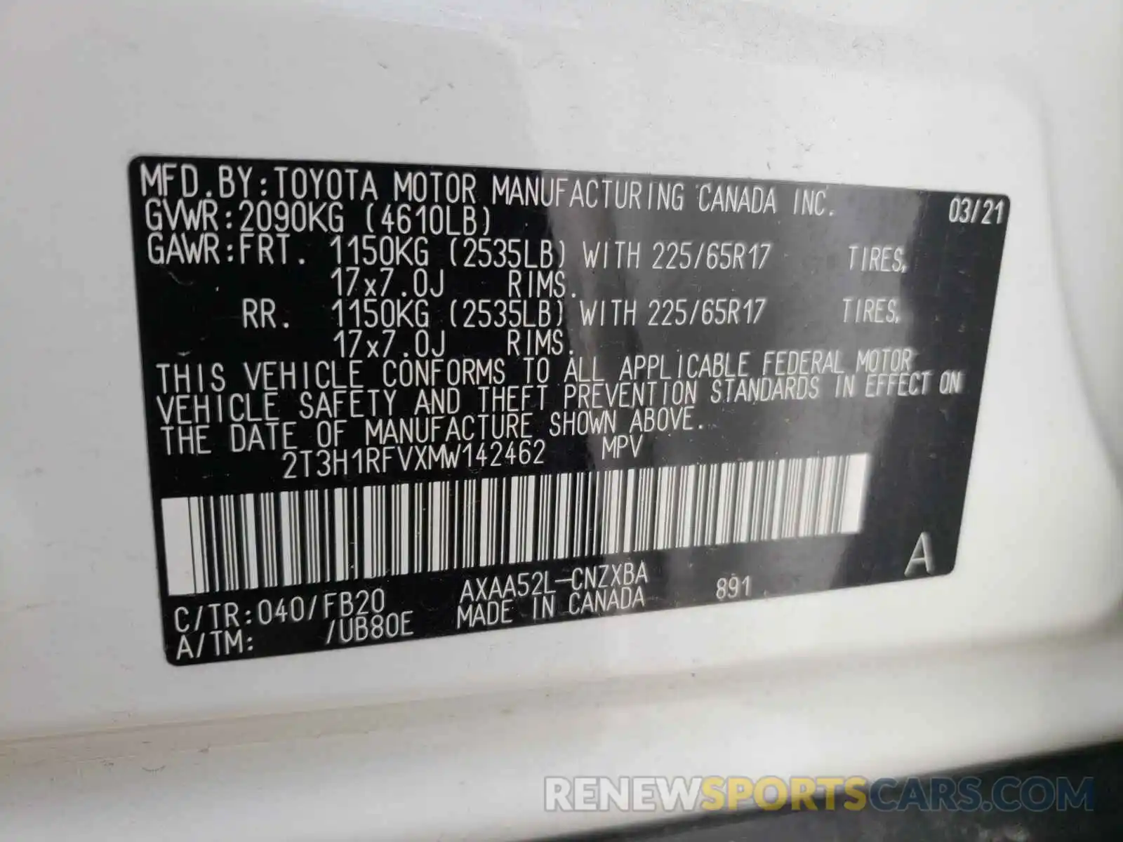 10 Фотография поврежденного автомобиля 2T3H1RFVXMW142462 TOYOTA RAV4 2021