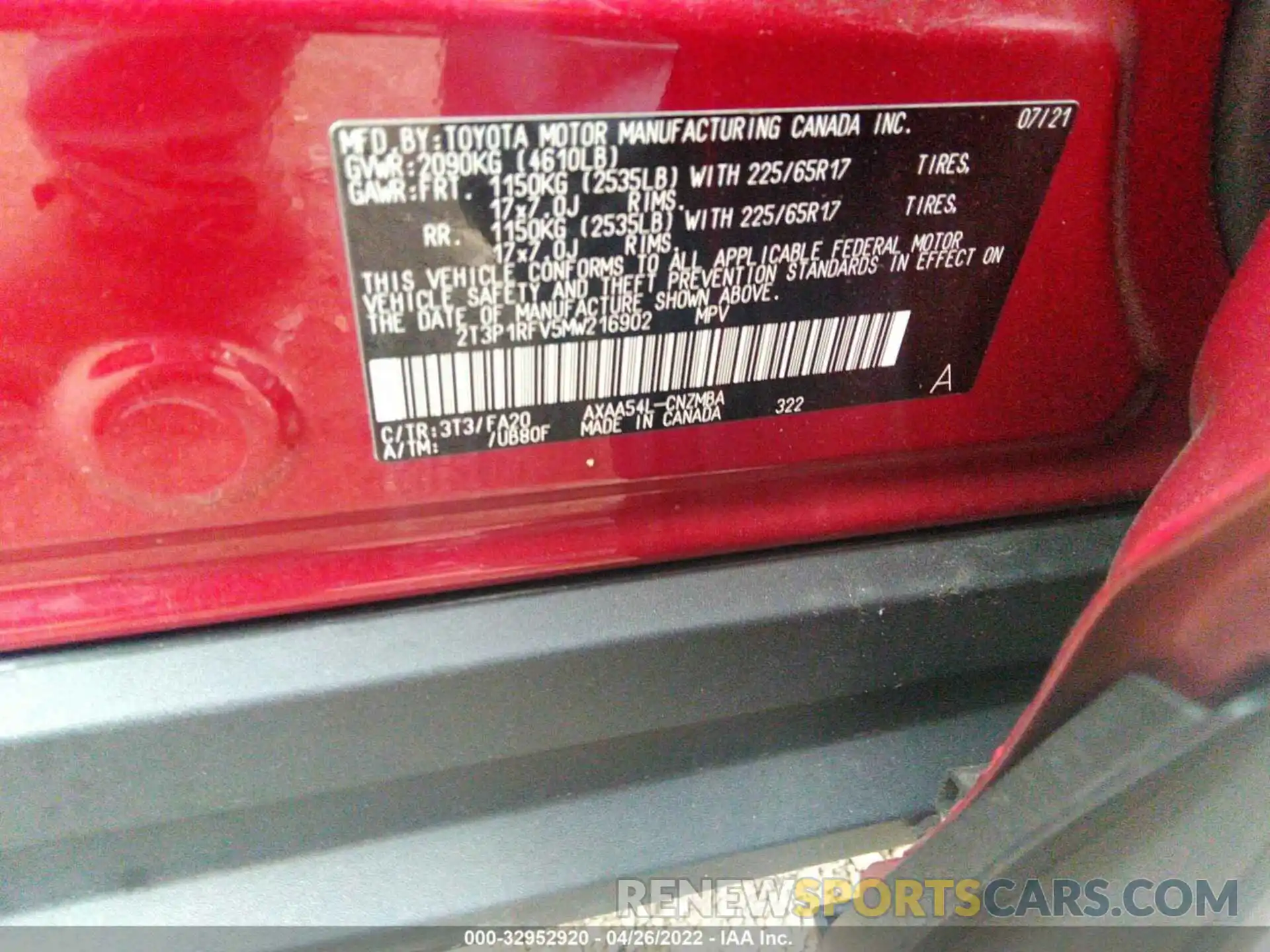 9 Фотография поврежденного автомобиля 2T3P1RFV5MW216902 TOYOTA RAV4 2021