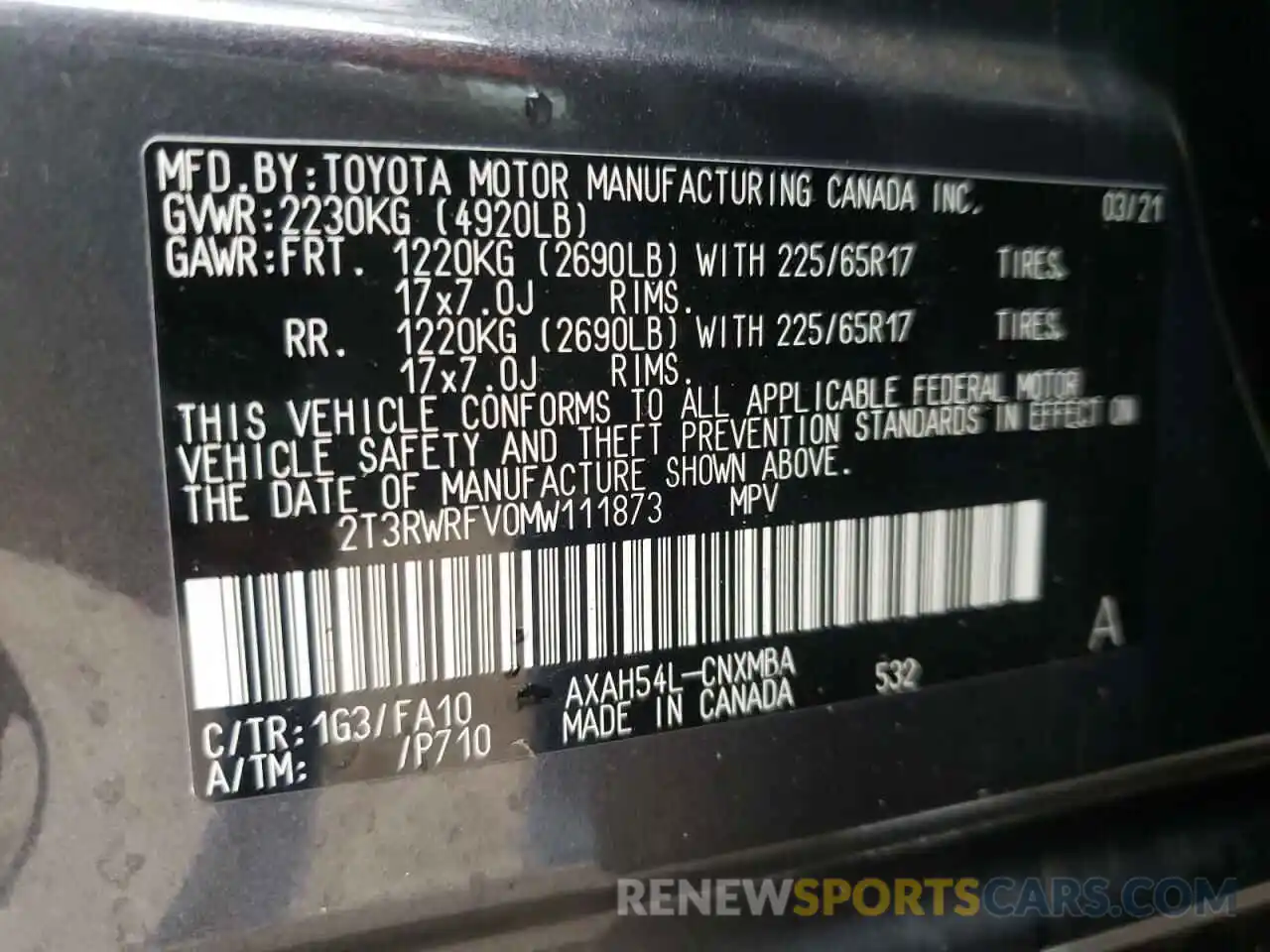 10 Фотография поврежденного автомобиля 2T3RWRFV0MW111873 TOYOTA RAV4 2021