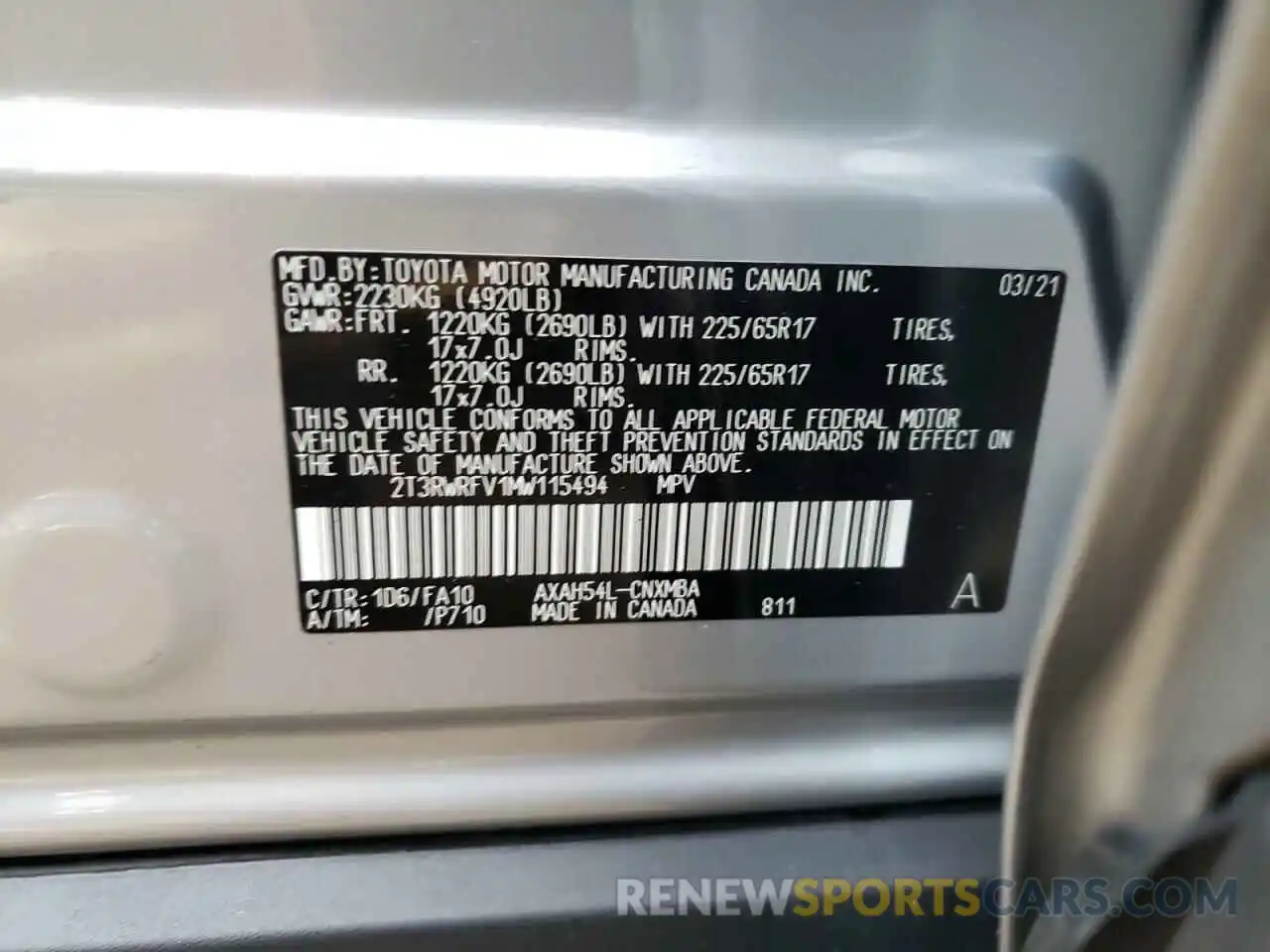 10 Фотография поврежденного автомобиля 2T3RWRFV1MW115494 TOYOTA RAV4 2021