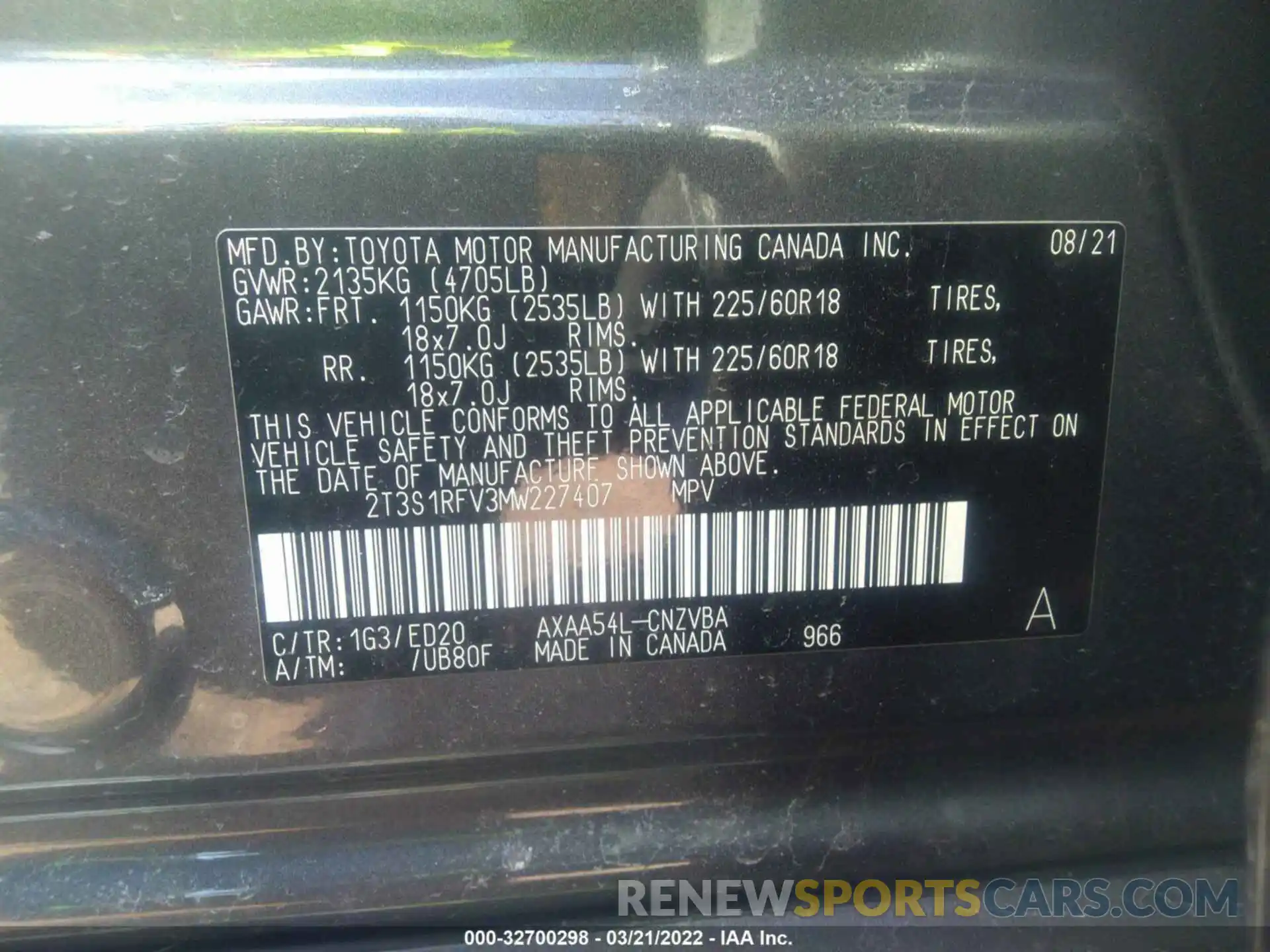 9 Фотография поврежденного автомобиля 2T3S1RFV3MW227407 TOYOTA RAV4 2021