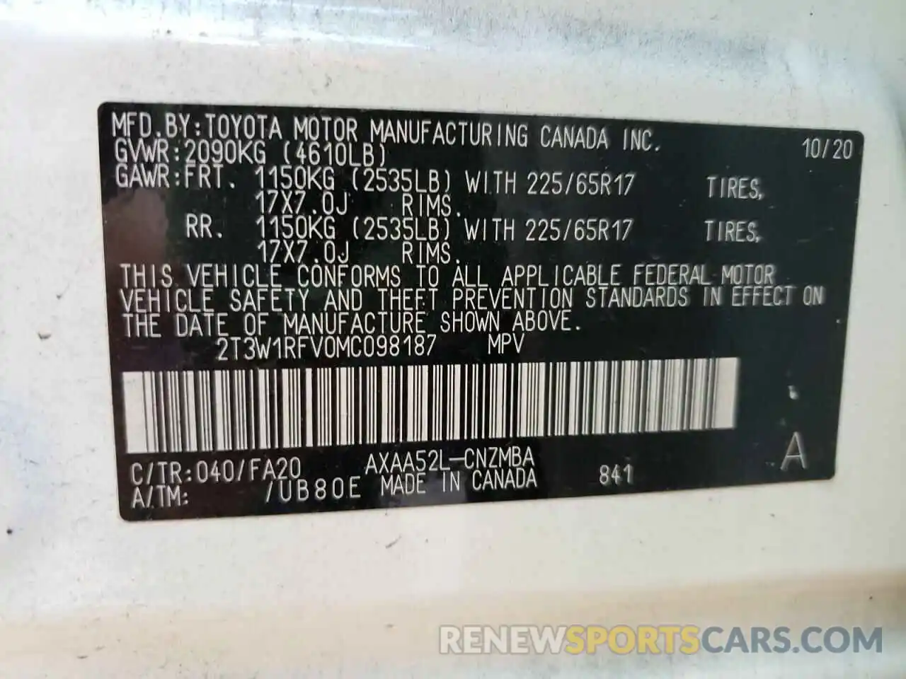 10 Фотография поврежденного автомобиля 2T3W1RFV0MC098187 TOYOTA RAV4 2021