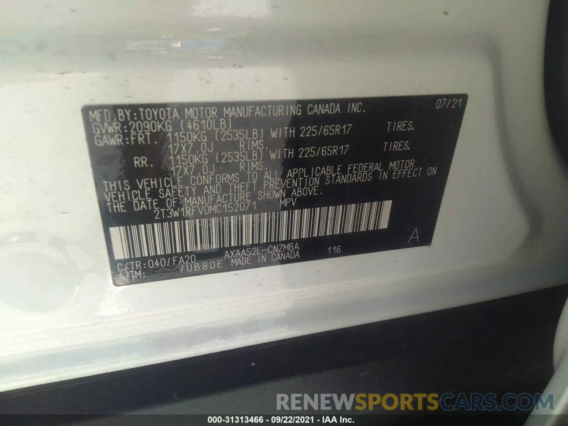 9 Фотография поврежденного автомобиля 2T3W1RFV0MC152071 TOYOTA RAV4 2021