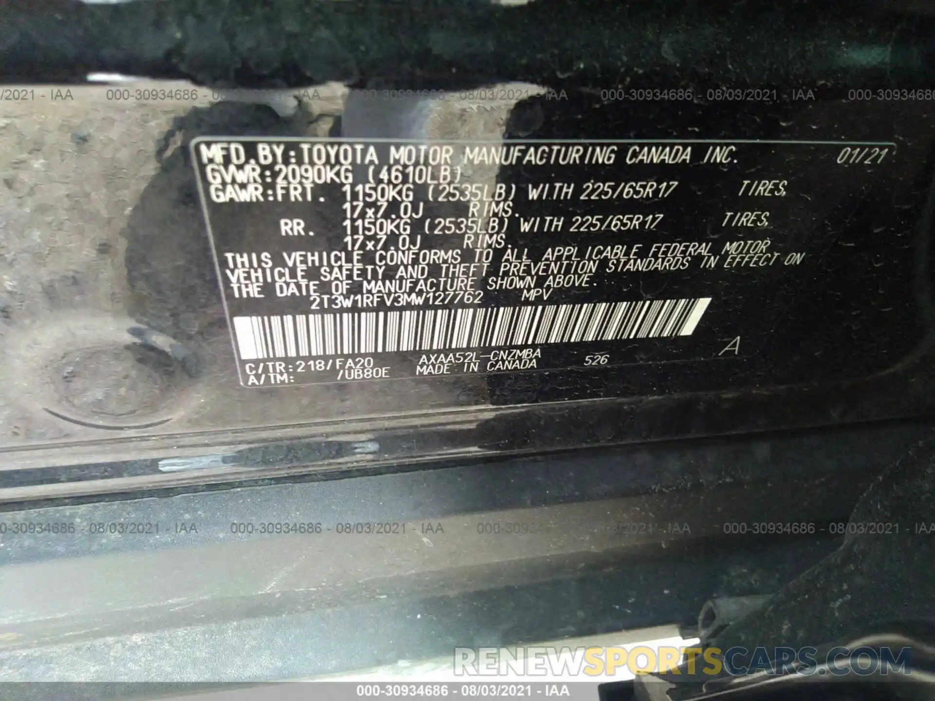 9 Фотография поврежденного автомобиля 2T3W1RFV3MW127762 TOYOTA RAV4 2021