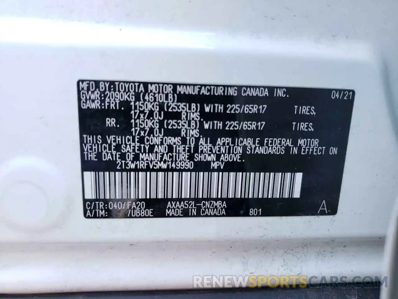 14 Фотография поврежденного автомобиля 2T3W1RFV5MW149990 TOYOTA RAV4 2021