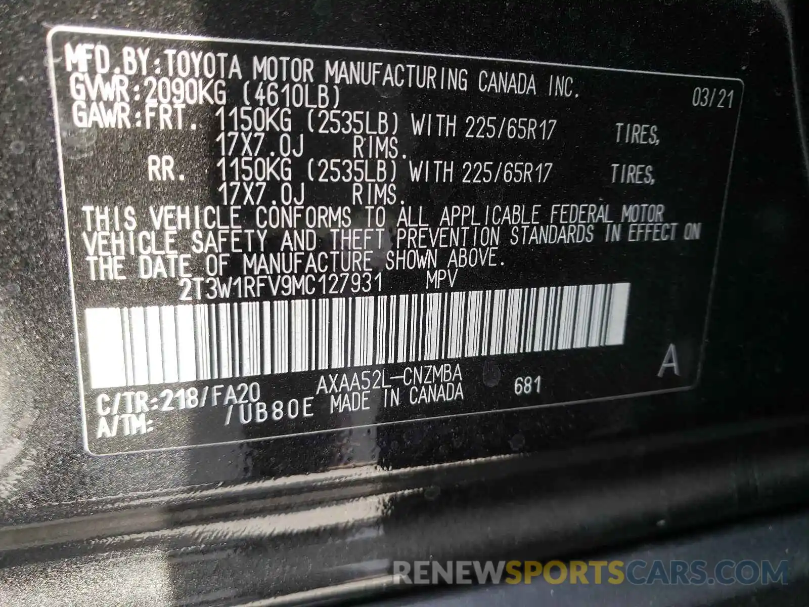 10 Фотография поврежденного автомобиля 2T3W1RFV9MC127931 TOYOTA RAV4 2021