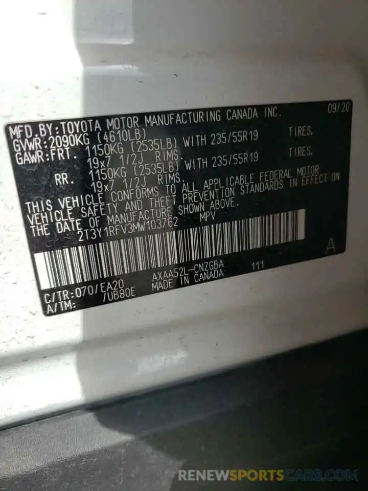 10 Фотография поврежденного автомобиля 2T3Y1RFV3MW103762 TOYOTA RAV4 2021