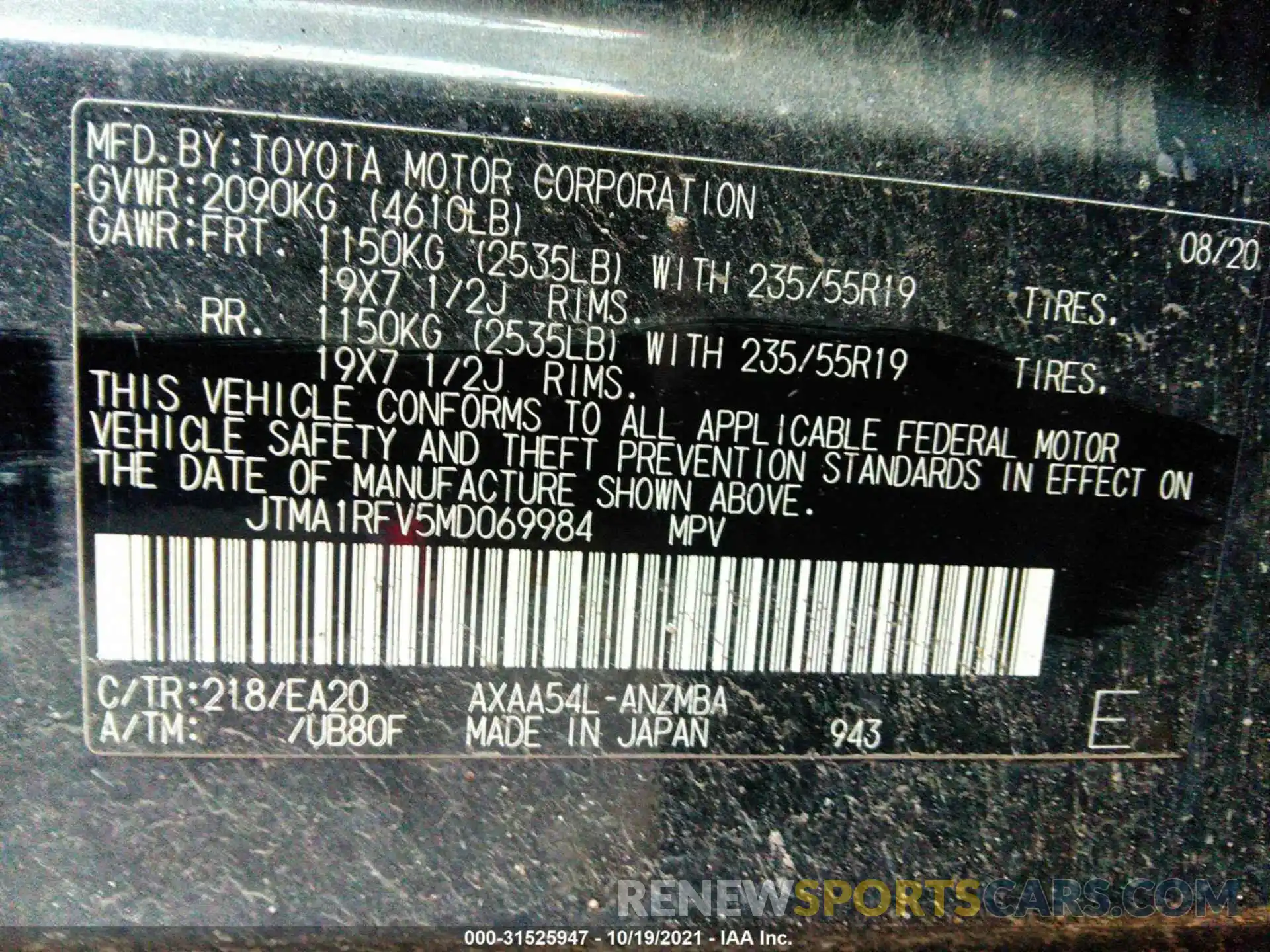 9 Photograph of a damaged car JTMA1RFV5MD069984 TOYOTA RAV4 2021