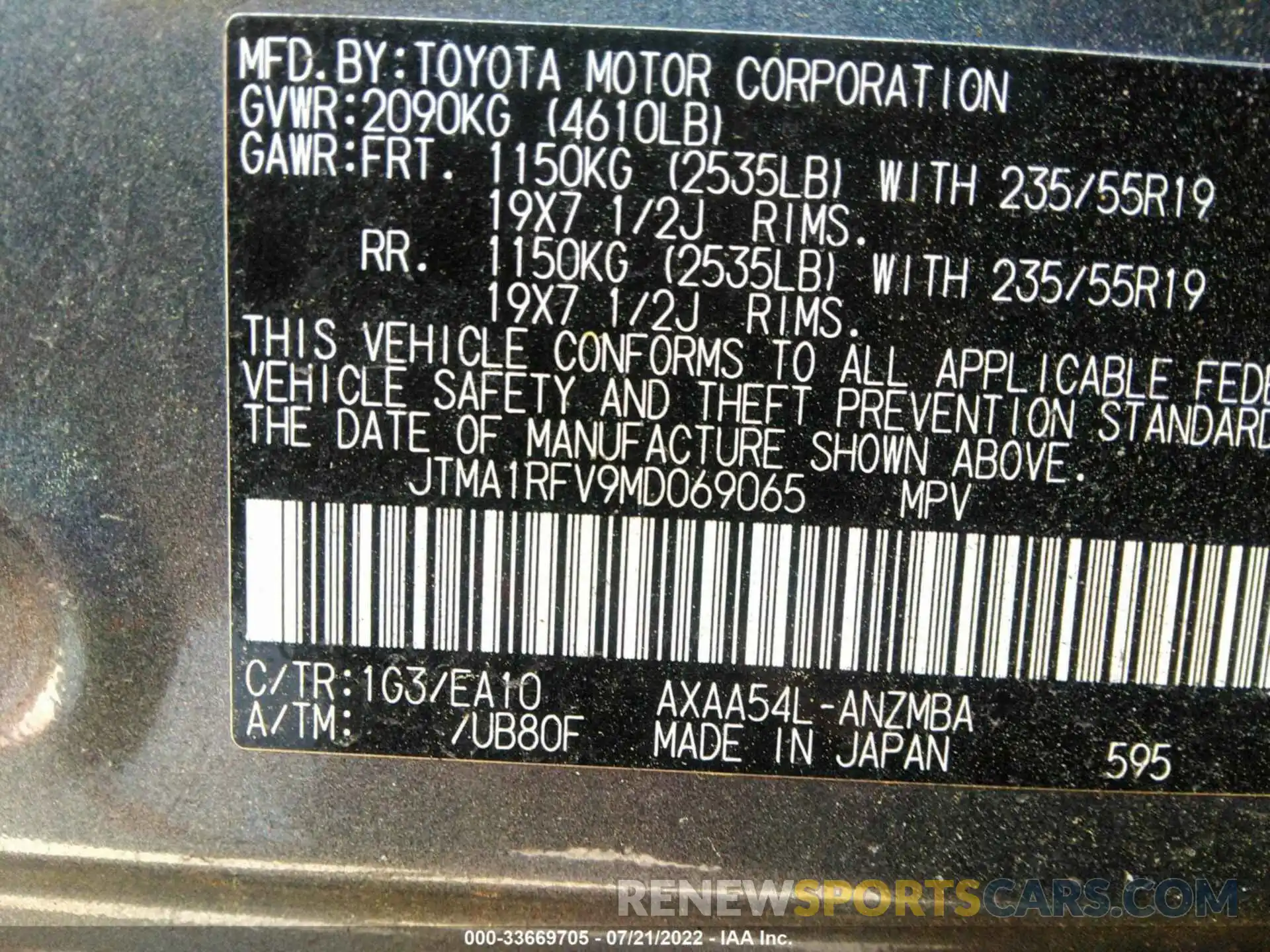 9 Фотография поврежденного автомобиля JTMA1RFV9MD069065 TOYOTA RAV4 2021